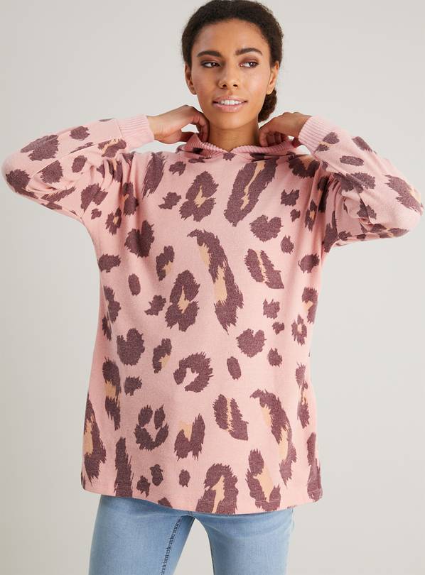 Buy Pink Leopard Print Soft Touch Longline Hoodie 8 Hoodies and